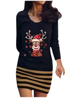 Women's Christmas Casual Dress Bodycon Mini Dress Black Blue Yellow Wine Gray Long Sleeve Elk Striped Print Winter Fall Crew Neck Vacation Casual 2022 S M L XL XXL 3XL 4XL 5XL / Sheath Dress