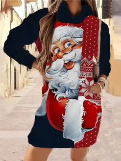 Women‘s Christmas Sweatshirt Dress Winter Dress Short Mini Dress Dark Blue Red Long Sleeve Print Pocket Print Fall Winter Hooded Vacation Casual 2022 S M L XL XXL 3XL