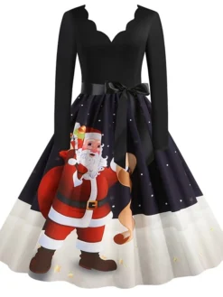 Women's Christmas Party Dress Knee Length Dress Purple Royal Blue Dark Blue Red Black Long Sleeve Elk Tree Bell Bow Print Fall Winter V Neck Vintage Elegant Party 2022 -Fashion Life Shop cckpjn1632996777162