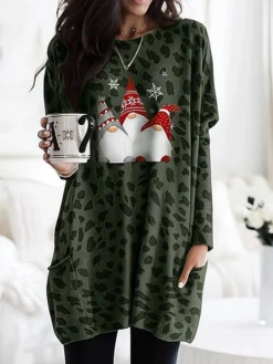 Women's Casual Dress Christmas Dress Print Dress Leopard Santa Claus Pocket Print Crew Neck Mini Dress Active Fashion Christmas Daily Long Sleeve Loose Fit Red Purple Green Fall Winter S M L XL XXL -Fashion Life Shop ccqhvt1694065942701
