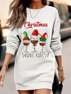 Women's Christmas Casual Dress Sweatshirt Dress Mini Dress Warm Fashion Outdoor Vacation Crew Neck Print Hat Loose Fit Black White Red S M L XL XXL