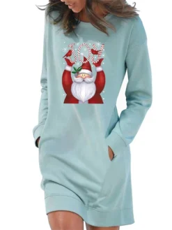 Women's Christmas Hoodie Dress Winter Dress Light Blue Grey White Long Sleeve Letter Santa Claus Pocket Print Winter Fall Crew Neck Stylish Casual Fall Dress Loose Fit 2022 S M L XL 2XL / Cotton -Fashion Life Shop cdfwtn1665742313362