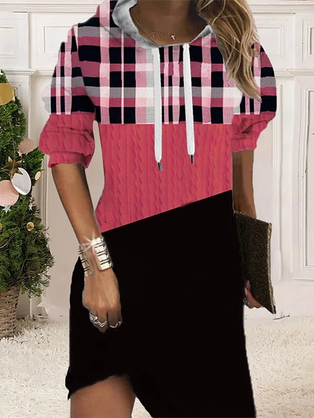 Women‘s Christmas Hoodie Dress Shift Dress Mini Dress Blue Pink Fuchsia Long Sleeve Plaid Print Fall Spring Hooded Daily Vacation Loose Fit 2022 S M L XL XXL 3XL 4 Women‘s Christmas Hoodie Dress Shift Dress Mini Dress Blue Pink Fuchsia Long Sleeve Plaid Print Fall Spring Hooded Daily Vacation Loose Fit 2022 S M L XL XXL 3XL - Image 4