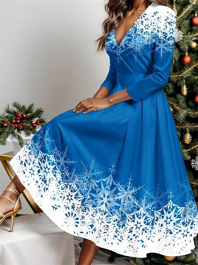 Women's Casual Dress Christmas Dress Winter Dress Snowflake Print V Neck Midi Dress Fashion Streetwear Outdoor Christmas 3/4 Length Sleeve Regular Fit Wine Blue Sky Blue Fall Winter S M L XL XXL 3 Women's Casual Dress Christmas Dress Winter Dress Snowflake Print V Neck Midi Dress Fashion Streetwear Outdoor Christmas 3/4 Length Sleeve Regular Fit Wine Blue Sky Blue Fall Winter S M L XL XXL - Image 3