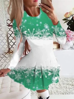 Women's Christmas Swing DressShort Mini Dress Green Dark Green Fuchsia Red Beige Long Sleeve Plaid Santa Claus Elk Pleated Print Fall Winter Crew Neck Stylish Romantic 2022 S M L XL -Fashion Life Shop ceatyw1665485272989
