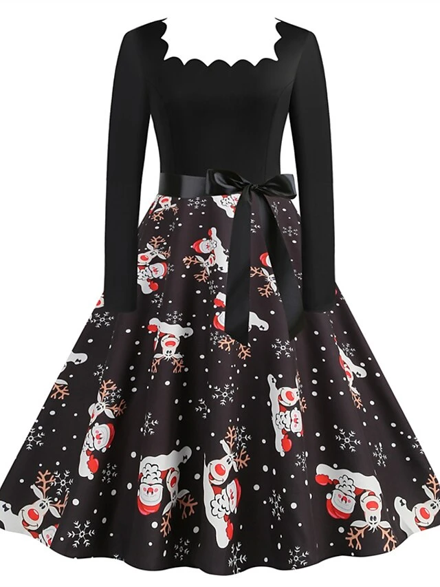 Women's Christmas Vintage Dress Midi Dress Black And White Green Black Long Sleeve Santa Claus Bow Winter Fall Autumn Square Neck Stylish Christmas Vacation 2022 S M L XL XXL 3XL 2 Women's Christmas Vintage Dress Midi Dress Black And White Green Black Long Sleeve Santa Claus Bow Winter Fall Autumn Square Neck Stylish Christmas Vacation 2022 S M L XL XXL 3XL - Image 2