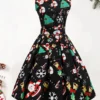 Women's Christmas Swing Dress Knee Length Dress Black SleevelessSnowman Candy Zipper Bow Print Fall Spring Round Neck VintageParty 2021 S M L XL XXL XXXL