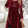 Women's Casual Dress Christmas Dress Velvet Dress Print Sequins Button Crew Neck Mini Dress Fashion Streetwear Christmas Date Long Sleeve Regular Fit Wine Green Fall Winter S M L XL XXL