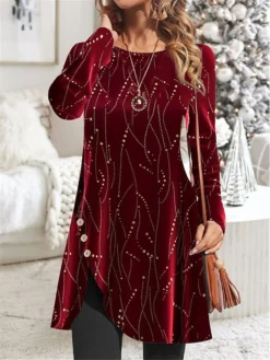 Women's Casual Dress Christmas Dress Velvet Dress Print Sequins Button Crew Neck Mini Dress Fashion Streetwear Christmas Date Long Sleeve Regular Fit Wine Green Fall Winter S M L XL XXL