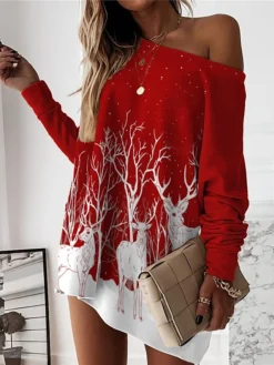 Women‘s Christmas Casual Dress Sweatshirt Dress Mini Dress Warm Fashion Outdoor Holiday Crew Neck Print Animal Tree Loose Fit Black Red Burgundy S M L XL XXL