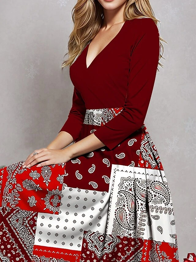 Women's Casual Dress Christmas Dress Plaid Dress Geometric Paisley Print V Neck Midi Dress Fashion Streetwear Outdoor Christmas 3/4 Length Sleeve Regular Fit Wine Red Fall Winter S M L XL XXL 2 Women's Casual Dress Christmas Dress Plaid Dress Geometric Paisley Print V Neck Midi Dress Fashion Streetwear Outdoor Christmas 3/4 Length Sleeve Regular Fit Wine Red Fall Winter S M L XL XXL - Image 2