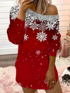 Women's Casual Dress Christmas Dress Sweatshirt Dress Snowflake Cold Shoulder Print One Shoulder Mini Dress Fashion Streetwear Outdoor Christmas Long Sleeve Loose Fit Wine Blue Brown Fall Winter S M