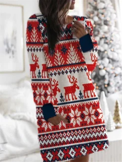 Women's Christmas Hoodie Dress Shift Dress Mini Dress Wine Light Red Fuchsia Red White Long Sleeve Plaid Elk Color Gradient Pocket Print Winter Fall Hooded Casual 2022 S M L XL XXL 3XL -Fashion Life Shop cikvlu1667212068565