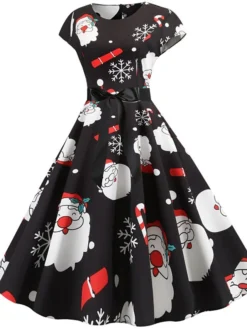Women's Christmas Knee Length Dress Purple Wine Gray White Black Red Light Green Short Sleeve Print Bow Print Fall Winter Round Neck Casual Vintage2021 S M L XL XXL -Fashion Life Shop citual1630046097644