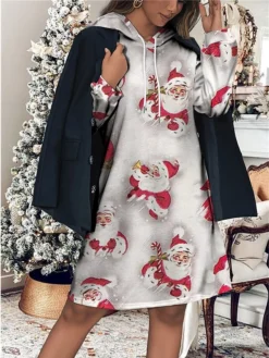 Women's Christmas Dress Hoodie Dress Mini Dress Fashion Daily Outdoor Christmas Going Out V Neck Pocket Print Santa Claus Loose Fit Gray S M L XL XXL