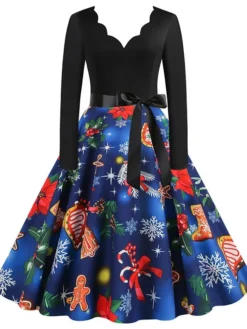 Women's Christmas Swing Dress Vintage DressKnee Length Dress Blue Red Navy Blue Black Long Sleeve Plaid Santa Claus Elk Bow Print Fall Winter V Neck Vacation Vintage 2022 S M L XL XXL 3XL -Fashion Life Shop ckflrt1665293393775