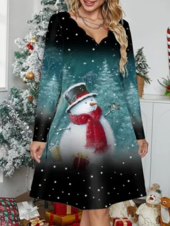 Women's Casual Dress Christmas Dress Winter Dress Snowman Christmas Tree Print Scalloped Neck Mini Dress Fashion Streetwear Outdoor Christmas Long Sleeve Regular Fit Yellow Wine Blue Fall Winter S M