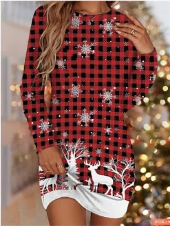 Women's Christmas T Shirt Dress Tee Dress Bodycon Mini Dress Wine Red White Long Sleeve Cat Elk Snowflake Print Winter Fall Crew Neck Vacation Casual 2022 S M L XL XXL 3XL 4XL 5XL 6XL / Sheath Dress