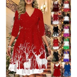Women's Christmas Print Dress Green Blue Purple Red Black Long Sleeve Elk Snowman Tree Print Winter Autumn V Neck Fashion Casual Fall Dress Loose Fit 2022 S M L XL 2XL 3XL 4XL 5XL 6XL