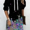 Women‘s Christmas Hoodie Dress Shift Dress Mini Dress Black Long Sleeve Tree Print Winter Fall Spring Hooded Fashion Daily Date 2022 S M L XL XXL 3XL