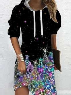 Women‘s Christmas Hoodie Dress Shift Dress Mini Dress Black Long Sleeve Tree Print Winter Fall Spring Hooded Fashion Daily Date 2022 S M L XL XXL 3XL