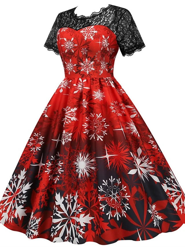 Women's Christmas Swing Dress Vintage DressKnee Length Dress Green Wine Dark Green Fuchsia Red Black Short Sleeve Santa Claus Snowman Snowflake Lace Print Fall Winter V Neck Vacation Vintage 2022 S 15 Women's Christmas Swing Dress Vintage DressKnee Length Dress Green Wine Dark Green Fuchsia Red Black Short Sleeve Santa Claus Snowman Snowflake Lace Print Fall Winter V Neck Vacation Vintage 2022 S - Image 15