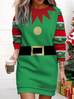 Women's Christmas Casual Dress Sweatshirt Dress Mini Dress Warm Fashion Outdoor Vacation Crew Neck Print Santa Claus Loose Fit ArmyGreen Light Green Wine S M L XL XXL -Fashion Life Shop cleodr1695377425111