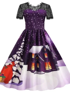 Women's Christmas Knee Length Dress Blue Purple Wine Green Black Red Short Sleeve Print Lace Print Fall Winter Round Neck CasualRegular Fit 2021 S M L XL XXL 3XL -Fashion Life Shop clreep1632737572872