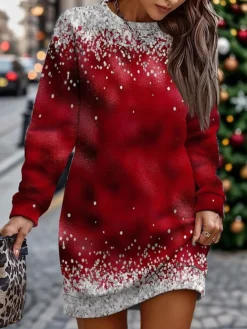 Women's Casual Dress Christmas Dress Sweatshirt Dress Geometric Snowflake Print Crew Neck Mini Dress Fashion Streetwear Outdoor Christmas Long Sleeve Loose Fit Pink Wine Red Fall Winter S M L XL XXL -Fashion Life Shop cmblhe1695211776542