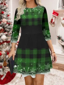 Women‘s Christmas Sweater Dress Jumper Dress Winter Dress Warm Plaid Snowflake Outdoor Christmas Daily Holiday Crew Neck Long Sleeve 2023 Regular Fit Wine Purple Green S M L XL XXL 3XL