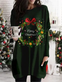 Women's Christmas Casual Dress Shift DressShort Mini Dress Green Blue Black Long Sleeve Tree Print Hat Print Fall Winter Crew Neck Party Casual 2022 XS S M L XL 2XL 3XL 4XL -Fashion Life Shop cmxjnl1668074790351