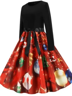 Women's Christmas Swing Dress Vintage Dress Mini Dress Black Long Sleeve Print Bow Print Winter Fall Crew Neck Vintage Romantic Traditional 2022 S M L XL 2XL -Fashion Life Shop cnarlj1666676125405