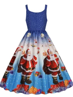 Women's Christmas Casual Dress Swing Dress Midi Dress Green Blue Sleeveless Santa Claus Print Winter Fall Spaghetti Strap Vacation Vintage 2022 S M L XL XXL / Slip Dress -Fashion Life Shop cntaqk1666597244034