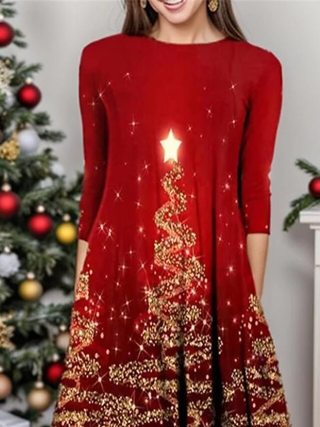 Women's Casual Dress Christmas Dress Winter Dress Christmas Tree Zipper Print Crew Neck Midi Dress Fashion Streetwear Outdoor Christmas Half Sleeve Loose Fit Wine Fall Winter S M L XL XXL 2 Women's Casual Dress Christmas Dress Winter Dress Christmas Tree Zipper Print Crew Neck Midi Dress Fashion Streetwear Outdoor Christmas Half Sleeve Loose Fit Wine Fall Winter S M L XL XXL - Image 2