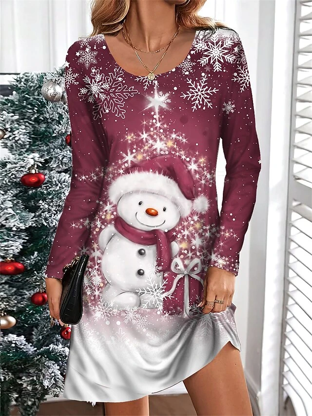 Women's Casual Dress Christmas Dress T Shirt Dress Tee Dress Snowman Snowflake Print V Neck Mini Dress Fashion Streetwear Outdoor Christmas Long Sleeve Loose Fit Black Wine Blue Fall Winter S M L XL 4 Women's Casual Dress Christmas Dress T Shirt Dress Tee Dress Snowman Snowflake Print V Neck Mini Dress Fashion Streetwear Outdoor Christmas Long Sleeve Loose Fit Black Wine Blue Fall Winter S M L XL - Image 4