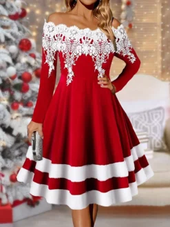 Women's Christmas Dress Winter Dress Casual Dress Midi Dress Lace Patchwork Christmas Daily Date Fashion Streetwear Off Shoulder 3/4 Length Sleeve 2023 Regular Fit Burgundy Color S M L XL XXL Size
