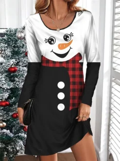 Women's Casual Dress Christmas Dress T Shirt Dress Tee Dress Santa Claus Snowman Print V Neck Mini Dress Fashion Streetwear Outdoor Christmas Long Sleeve Loose Fit Black White Wine Fall Winter S M L