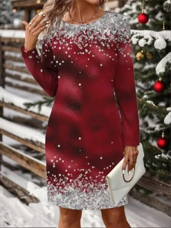 Women's Christmas Dress Casual Dress Mini Dress Active Fashion Outdoor Christmas Holiday Crew Neck Print Snowman Snowflake Loose Fit Black White Wine S M L XL XXL -Fashion Life Shop cpcyxy1697106947224