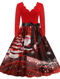 Women's Christmas Party Dress Swing DressKnee Length Dress Green Purple Wine Red Black Long Sleeve Santa Claus Elk Snowman Print Fall Winter V Neck Vintage Party Elegant Party 2022 S M L XL XXL 3XL -Fashion Life Shop cpipsy1667874475338
