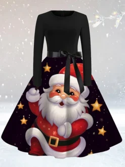 Women's Casual Dress Christmas Dress Sheath Dress Santa Claus Christmas Tree Lace Up Print Crew Neck Midi Dress Active Fashion Outdoor Christmas Long Sleeve Loose Fit Yellow Red Blue Fall S M L XL XXL -Fashion Life Shop cpoyue1694764252571