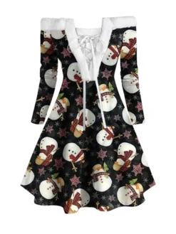 Women's Christmas Swing Dress Vintage Dress Mini Dress Green Blue Royal Blue Red White Black Long Sleeve Santa Claus Snowman Snowflake Feather Print Winter Fall Off Shoulder Stylish Elegant -Fashion Life Shop cpzdmn1666597371072