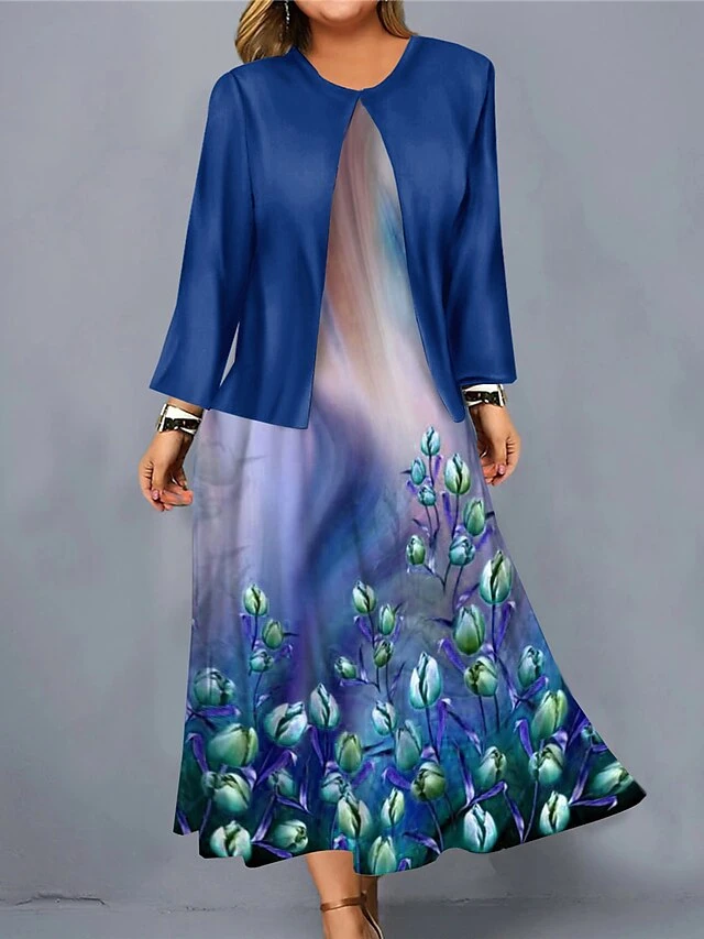 Women's Christmas Plus Size Curve Casual Dress Dress Set Two Piece Dress Floral Midi Dress Long Sleeve Print Crew Neck Fashion Outdoor Wine Blue Fall Winter L XL XXL 3XL 4XL 3 Women's Christmas Plus Size Curve Casual Dress Dress Set Two Piece Dress Floral Midi Dress Long Sleeve Print Crew Neck Fashion Outdoor Wine Blue Fall Winter L XL XXL 3XL 4XL - Image 3