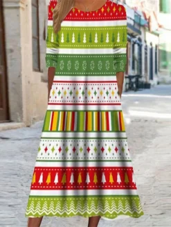 Women's Christmas Casual Dress Swing DressMidi Dress Green Wine Red Long Sleeve Plaid Elk Snowman Pocket Print Fall Winter Round Neck Vacation Casual 2022 S M L XL XXL 3XL -Fashion Life Shop cqncpx1664281841935