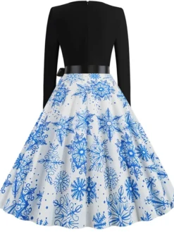 Women's Christmas Swing Dress Vintage DressKnee Length Dress Green Blue Wine Light Red Dark Green Red Long Sleeve Floral Snowman Tree Bow Print Fall Winter V Neck Vintage Fashion Casual 2022 S M L -Fashion Life Shop crgqwj1663152094354