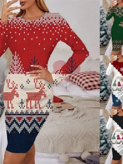 Women's Christmas Casual Dress Sheath Dress Mini Dress Green Wine Red Beige Black Long Sleeve Letter Santa Claus Elk Print Winter Fall Crew Neck Stylish Casual 2022 S M L XL 2XL 3XL 4XL 5XL 6XL