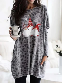 Women's Casual Dress Christmas Dress Print Dress Leopard Santa Claus Pocket Print Crew Neck Mini Dress Active Fashion Christmas Daily Long Sleeve Loose Fit Red Purple Green Fall Winter S M L XL XXL