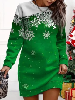 Women's Christmas Casual Dress Sweatshirt Dress Mini Dress Warm Fashion OutdoorVacation Crew Neck Print Print Loose Fit Yellow Red Blue S M L XL XXL -Fashion Life Shop crxapg1695365364902