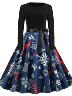 Women's Christmas Swing DressKnee Length Dress Black And White White Light Red Gold Red Long Sleeve Elk Snowman Bell Bow Print Fall Winter Round Neck Vintage Elegant 2022 S M L XL 2XL -Fashion Life Shop csfvyr1634125863550