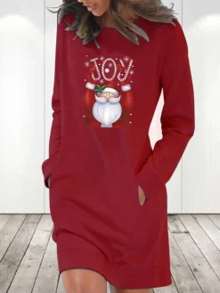 Women's Christmas Hoodie Dress Winter Dress Light Blue Grey White Long Sleeve Letter Santa Claus Pocket Print Winter Fall Crew Neck Stylish Casual Fall Dress Loose Fit 2022 S M L XL 2XL / Cotton -Fashion Life Shop csjfac1668085398074