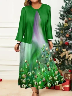 Women's Christmas Plus Size Curve Casual Dress Dress Set Two Piece Dress Floral Midi Dress Long Sleeve Print Crew Neck Fashion Outdoor Wine Blue Fall Winter L XL XXL 3XL 4XL